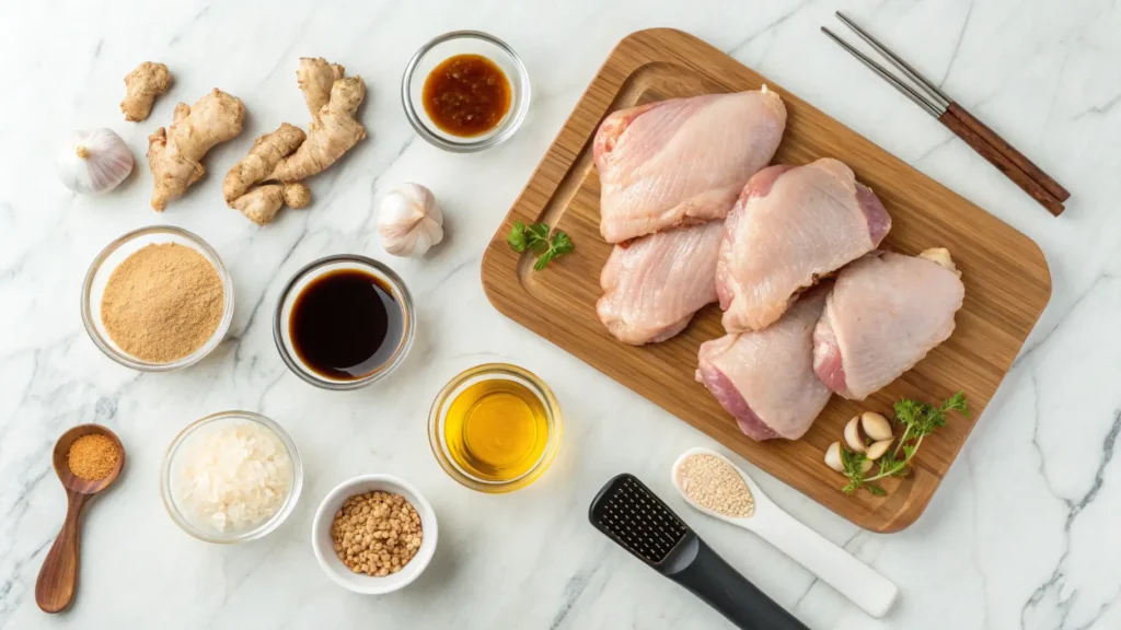 Char Siu Chicken ingredients including chicken thighs, hoisin sauce, honey, and Chinese spices