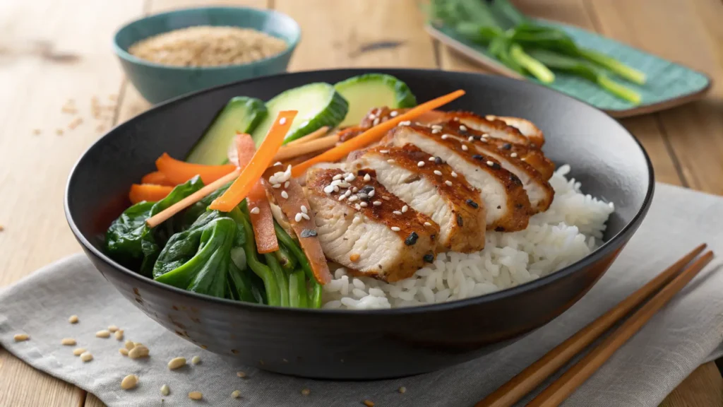 Sliced Char Siu Chicken served over jasmine rice with bok choy in black bowl
