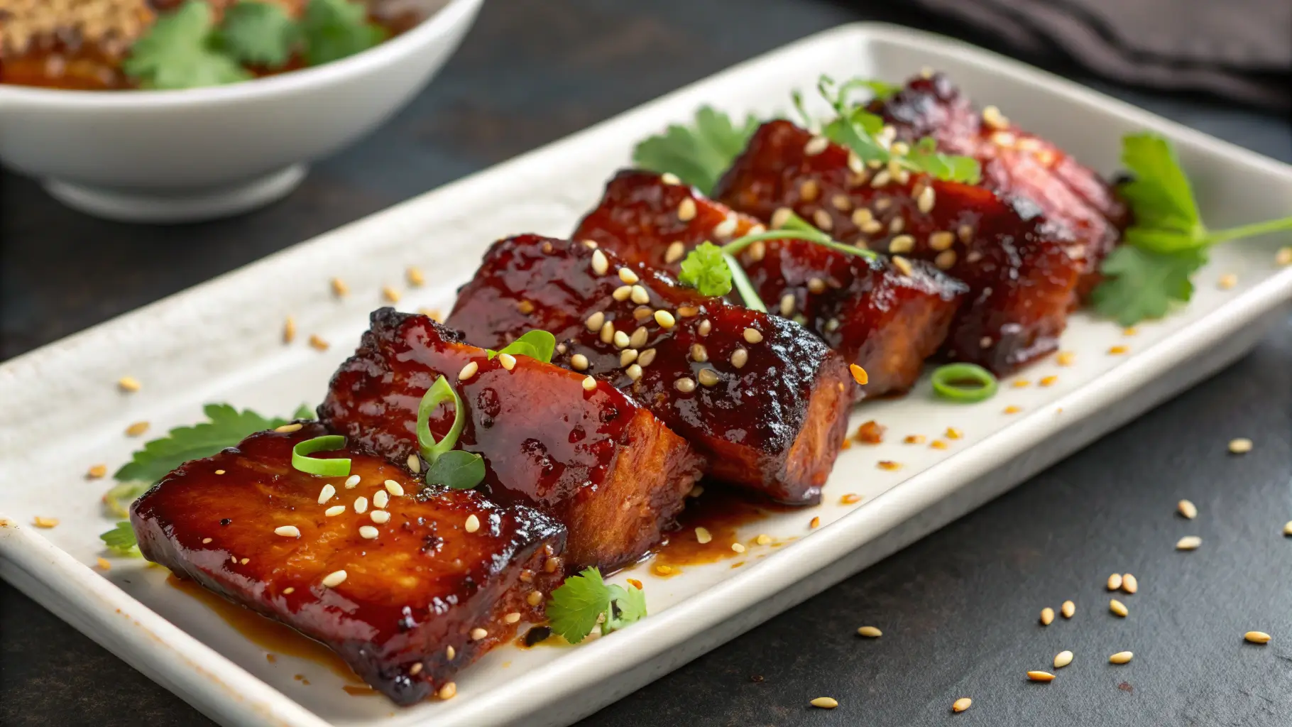 Glossy Char Siu Chicken with caramelized mahogany glaze and sesame seeds on white platter