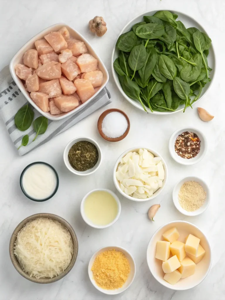 All ingredients for creamy chicken and spinach casserole including chicken, spinach, cream cheese, mozzarella, and seasonings