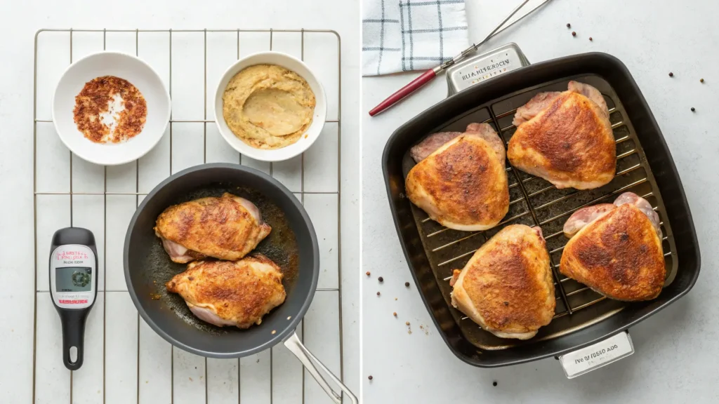 Step-by-step guide showing how to cook Bobby Flay's juicy chicken thighs from seasoning to searing and roasting