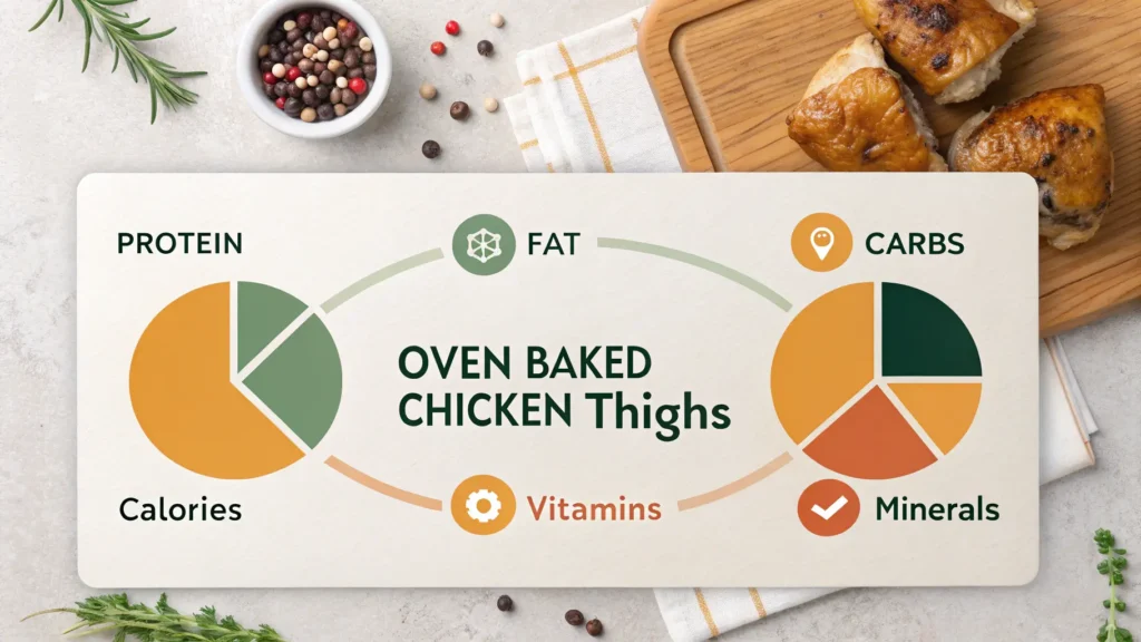 Nutritional information infographic showing calories, protein, and vitamins in oven baked chicken thighs per serving