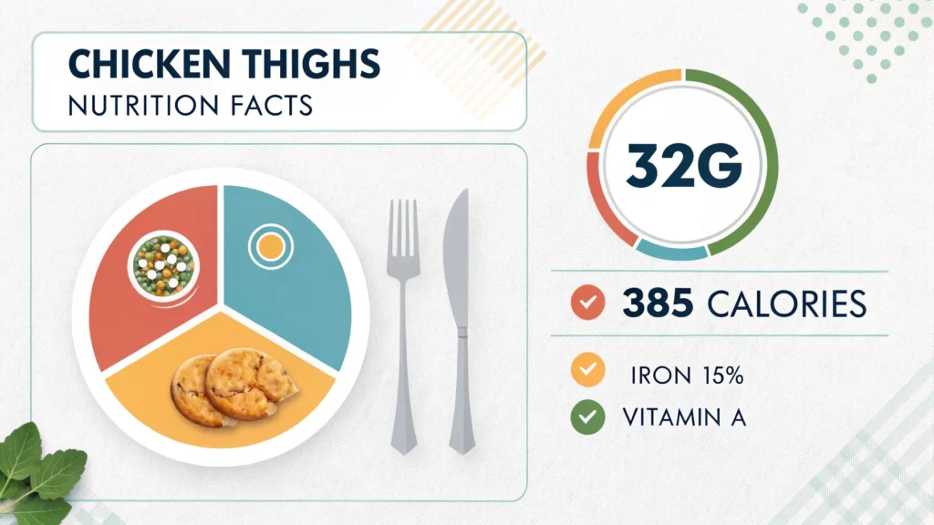 Nutritional information infographic for Bobby Flay's juicy chicken thighs recipe showing calories, protein, and vitamins per serving