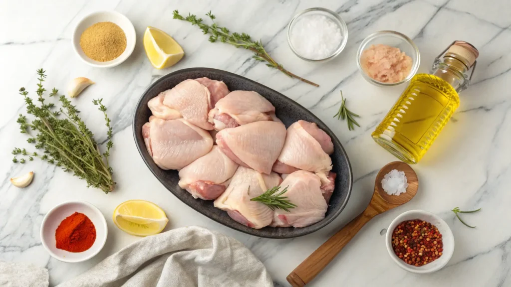 Ingredients for oven baked chicken thighs including raw chicken, spices, herbs, olive oil and lemon arranged on marble surface