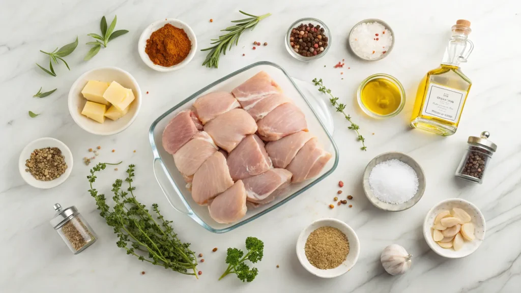All ingredients needed for Bobby Flay's juicy chicken thighs recipe including spices, herbs, garlic, and raw chicken thighs