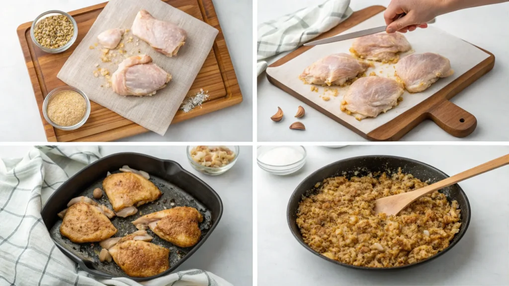 Four-step cooking process showing how to make crispy chicken thighs and rice: drying chicken, searing in skillet, toasting rice, and assembling dish