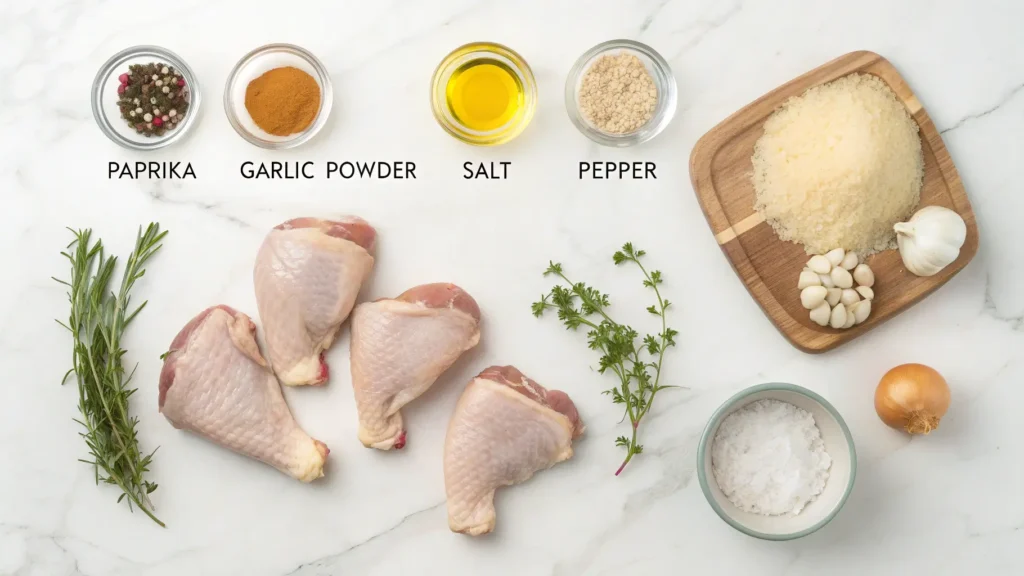 All ingredients for crispy chicken thighs and rice recipe laid out including raw chicken, rice, spices, herbs, onion, garlic, and chicken broth on marble counter