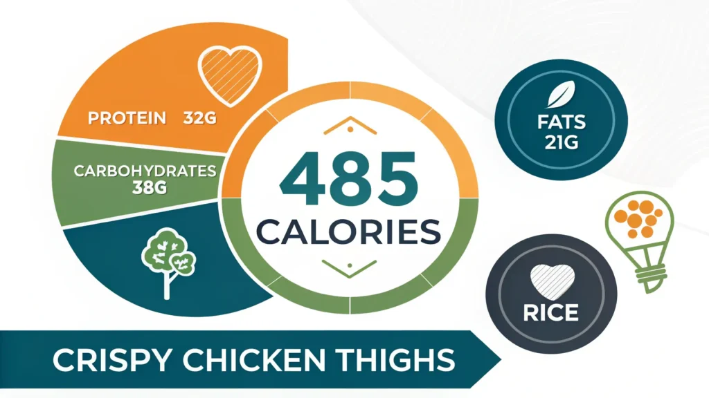 Nutritional information infographic for chicken thighs and rice showing 485 calories per serving with breakdown of 32g protein, 38g carbs, and 21g fat with colorful visual chart
