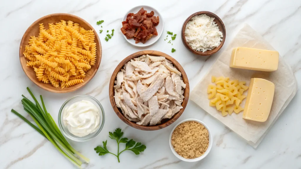 All ingredients for Crack Chicken Casserole Recipe including chicken, cream cheese, bacon, cheddar, ranch seasoning, and pasta