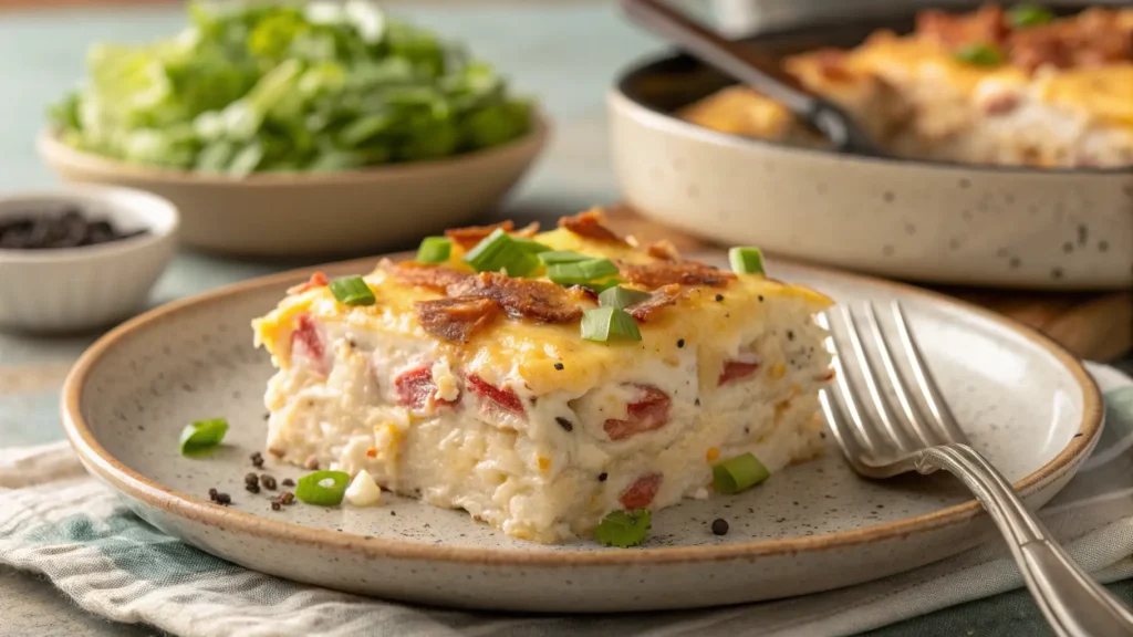 Plated serving of Crack Chicken Casserole Recipe with creamy layers, bacon, and melted cheddar cheese garnished with green onions