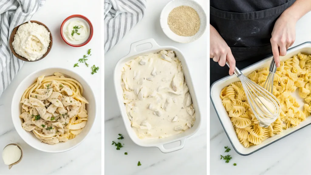 Step-by-step process for making Crack Chicken Casserole Recipe showing chicken, ranch mixture, and pasta combination