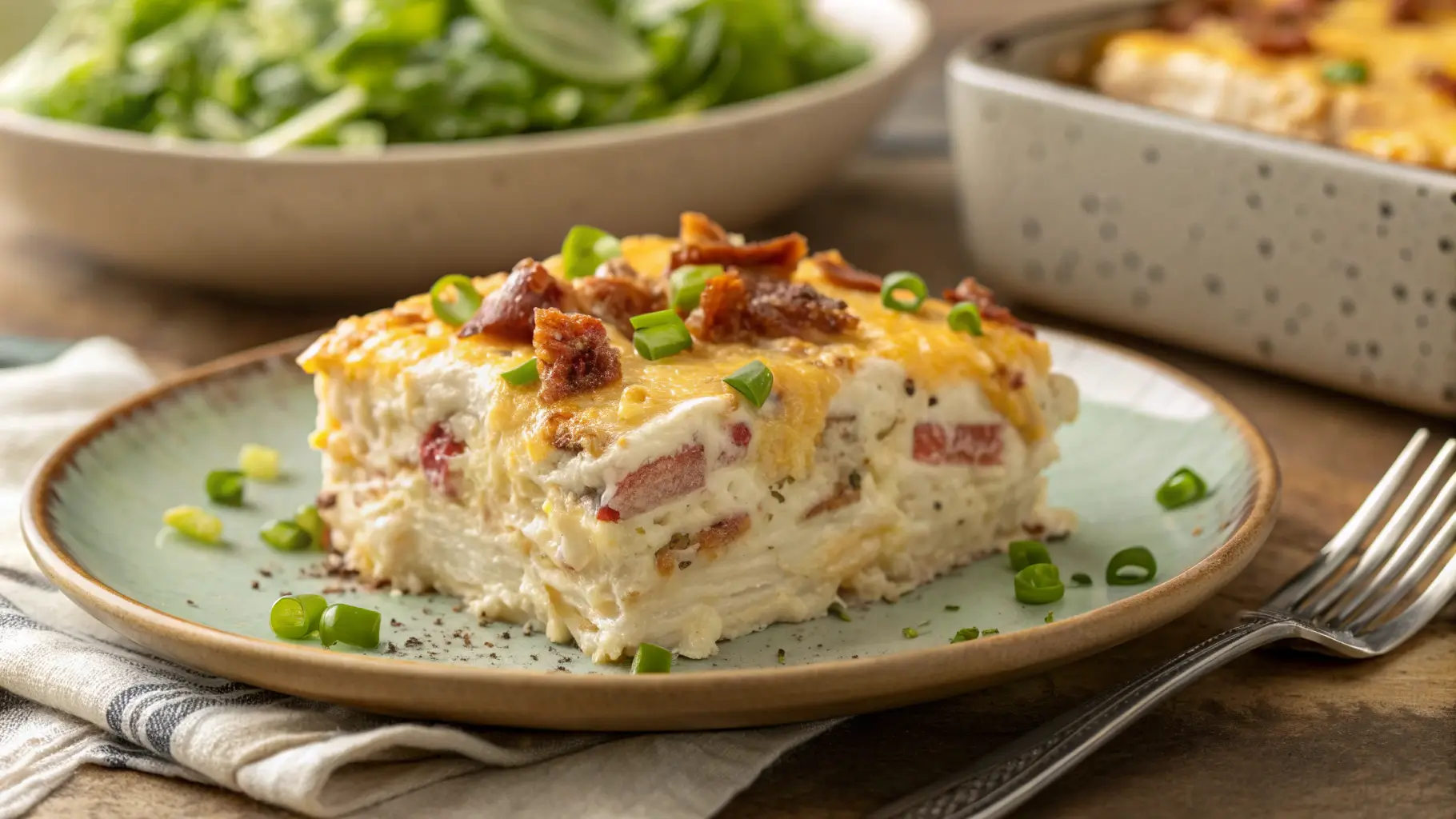 Crack Chicken Casserole Recipe with melted cheese, crispy bacon, and green onions in white baking dish