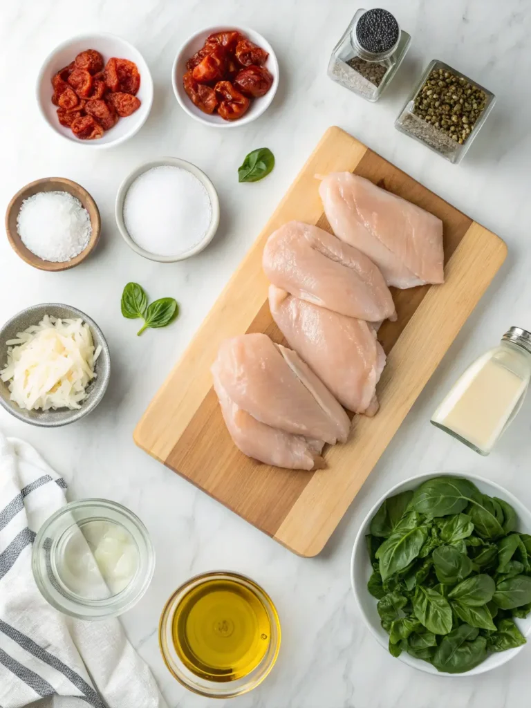 Cream cheese chicken recipe ingredients including raw chicken breasts, cream cheese, herbs, and seasonings on marble counter