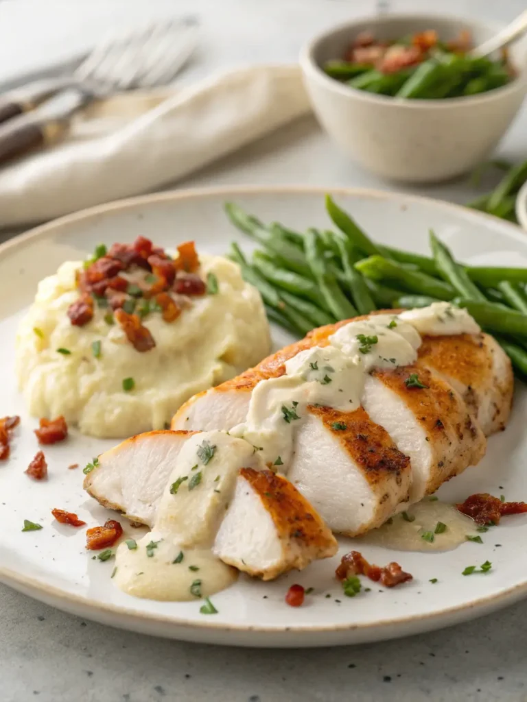 Plated cream cheese chicken dinner with mashed potatoes, green beans, and creamy sauce on white plate
