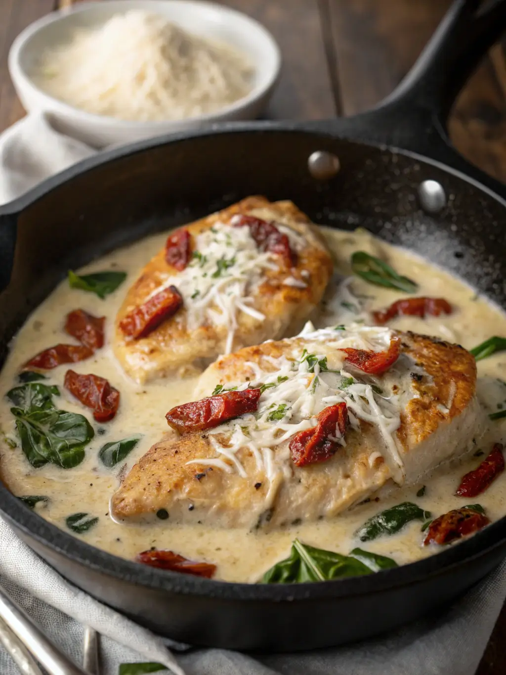 Cream cheese chicken in cast iron skillet with creamy sauce, sun-dried tomatoes and fresh spinach garnish