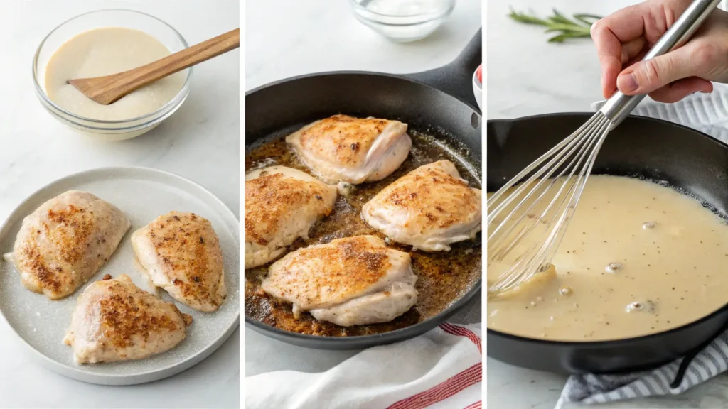 Step-by-step process for making Creamy Brown Sugar Dijon Chicken Thighs showing searing, sauce preparation, and braising