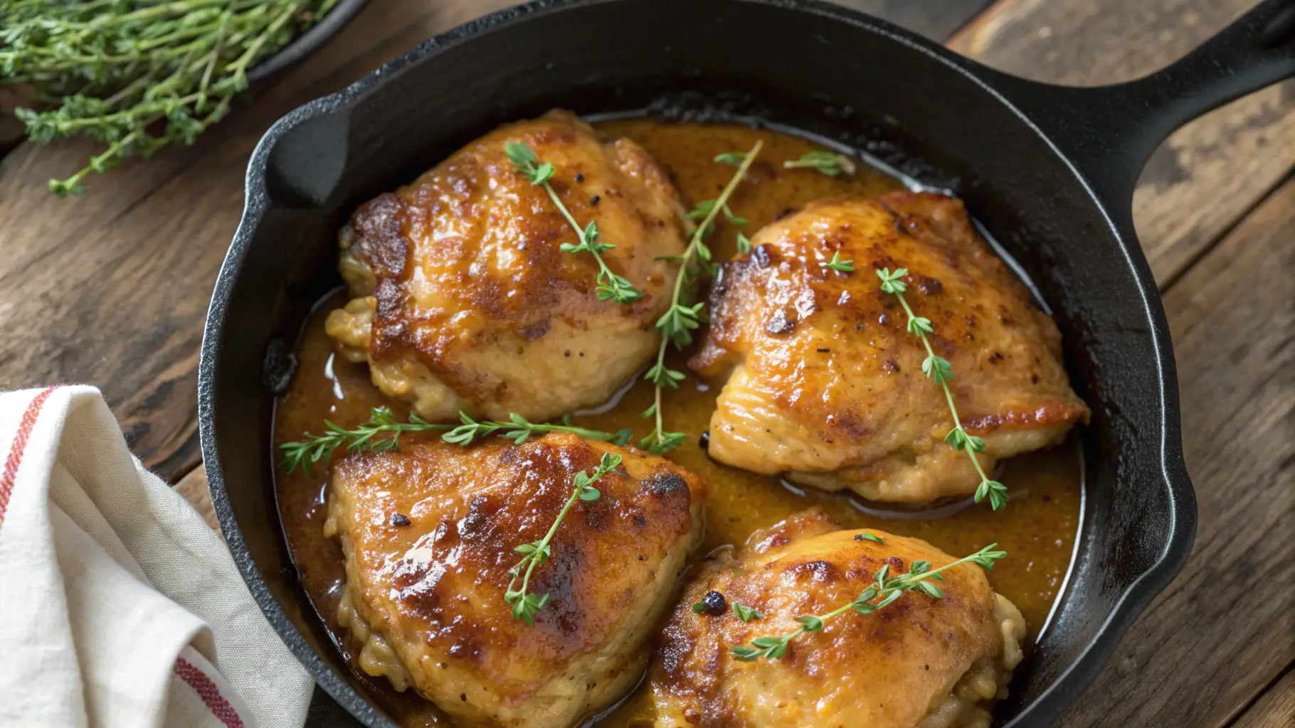 Creamy Brown Sugar Dijon Chicken Thighs in cast iron skillet with glossy caramelized sauce and fresh thyme garnish