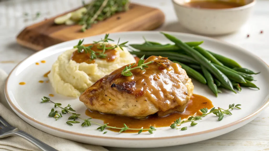 Plated Creamy Brown Sugar Dijon Chicken Thighs with mashed potatoes and green beans drizzled with creamy sauce