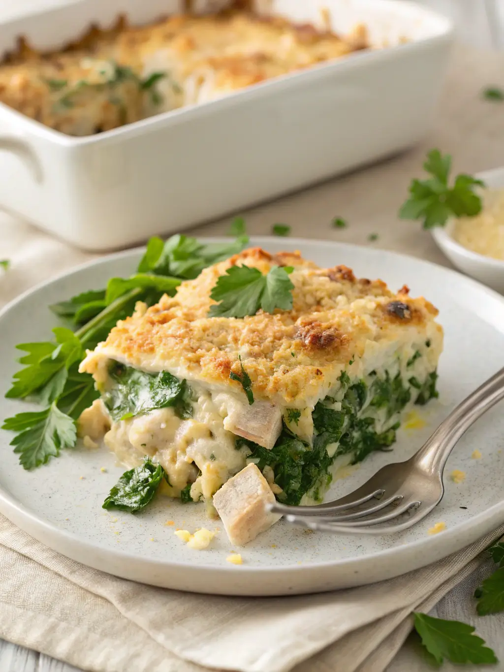 Golden baked creamy chicken and spinach casserole in white baking dish with melted cheese and crispy breadcrumb topping