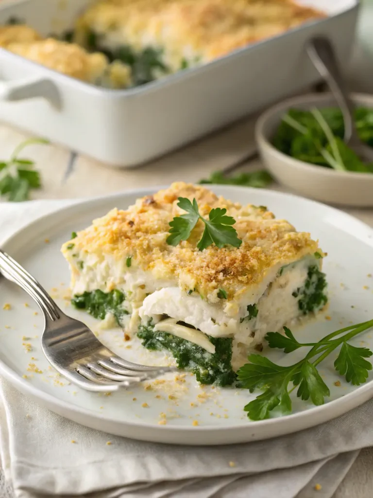 Plated serving of creamy chicken and spinach casserole showing layers of chicken, spinach, and melted cheese with golden crust