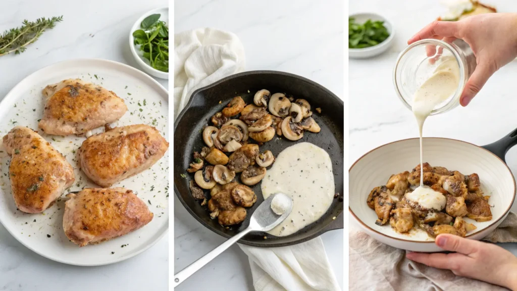 Step-by-step guide showing how to make Creamy Garlic Mushroom Chicken Thighs Recipe from seasoning to sauce