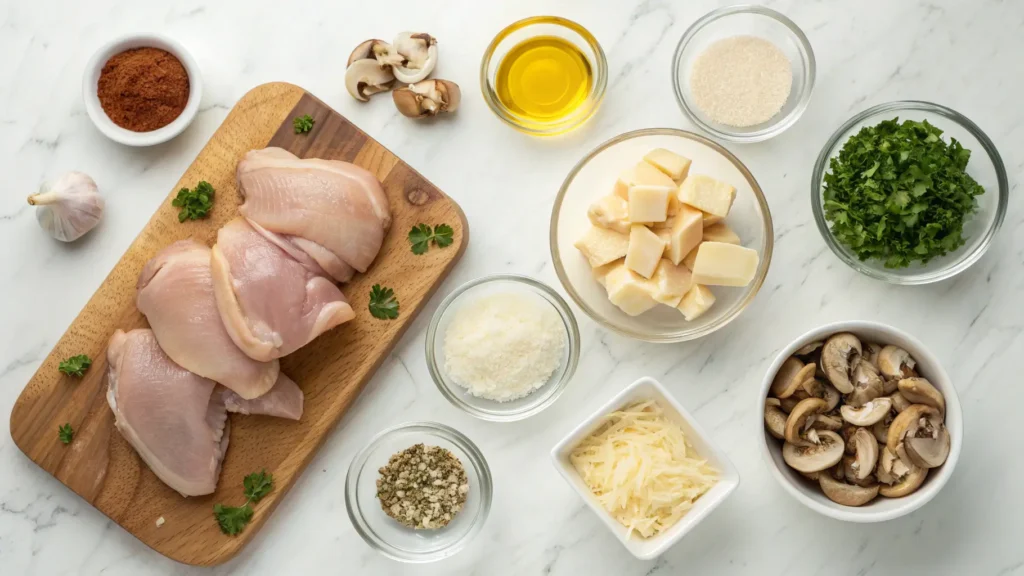 All ingredients needed for Creamy Garlic Mushroom Chicken Thighs Recipe including chicken, mushrooms, cream, and garlic