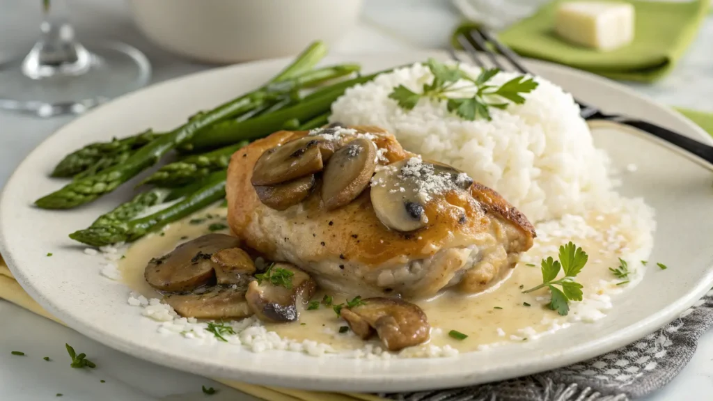 Plated Creamy Garlic Mushroom Chicken Thighs Recipe served with rice and asparagus on white plate