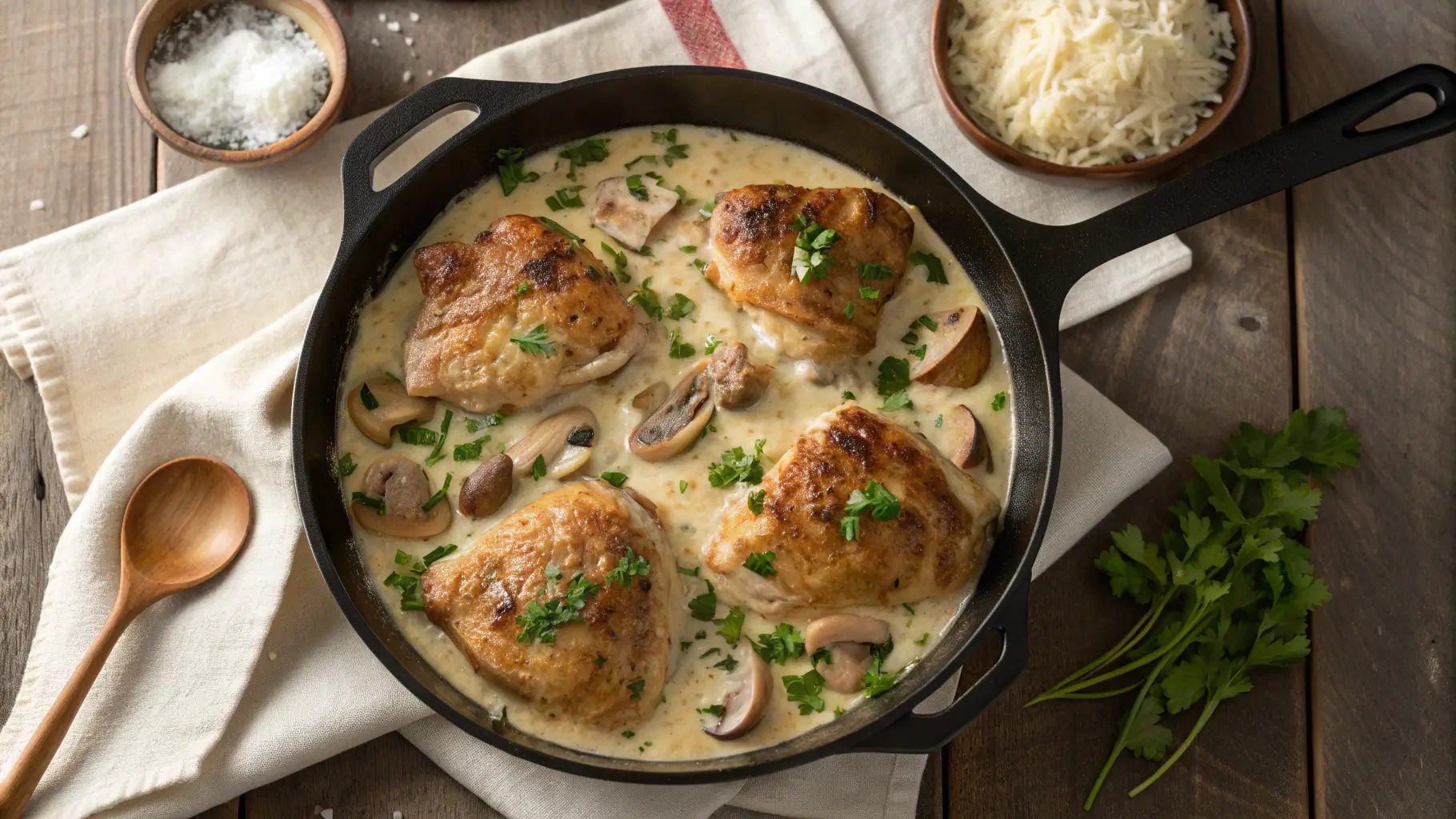 Creamy Garlic Mushroom Chicken Thighs Recipe in cast iron skillet with golden crispy skin and rich cream sauce