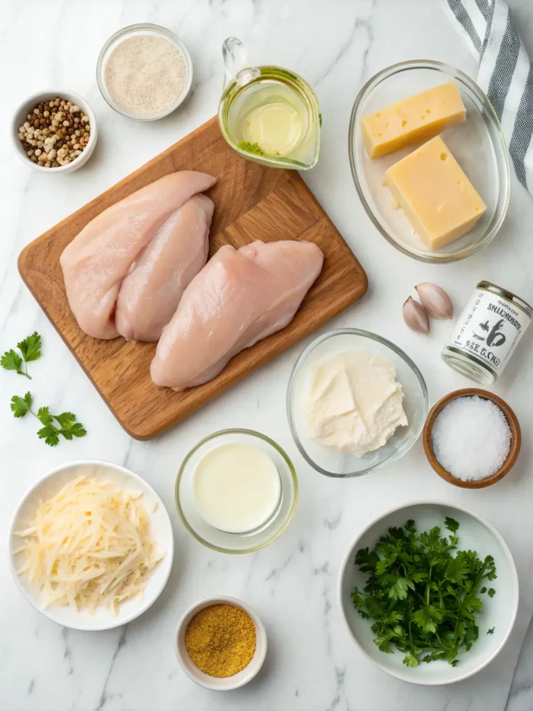 All ingredients needed for creamy ranch chicken recipe including chicken breasts, cream, and ranch seasoning
