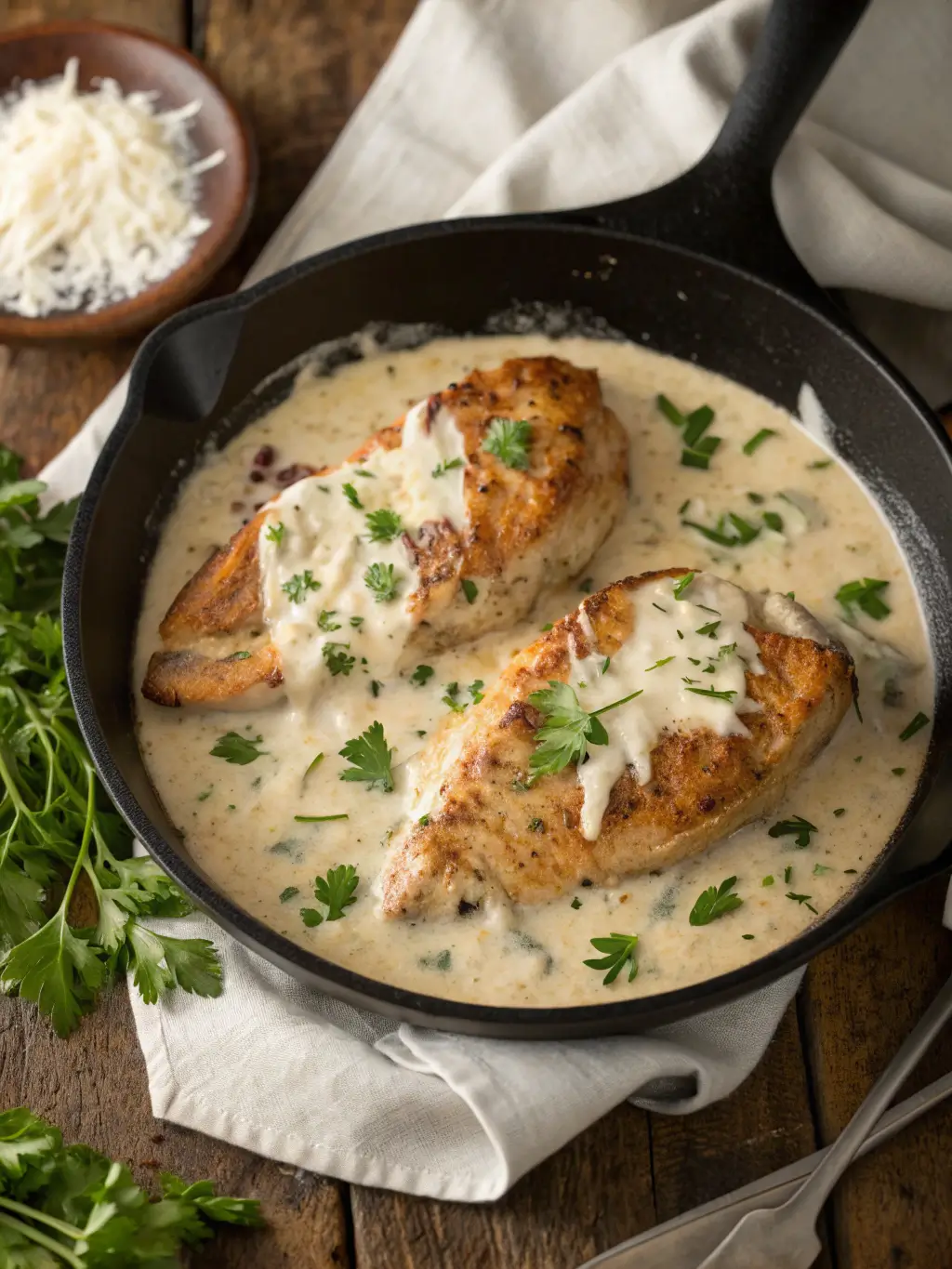Creamy ranch chicken in cast iron skillet with rich cream sauce and fresh herbs