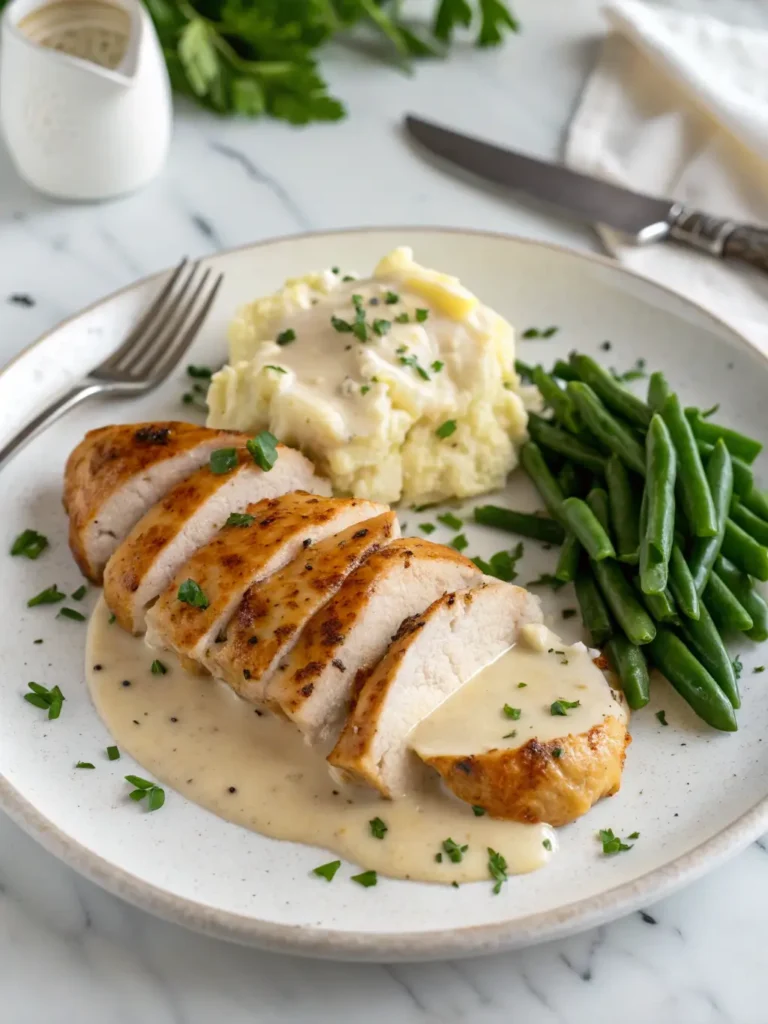 Plated creamy ranch chicken dinner with mashed potatoes and green beans on white plate