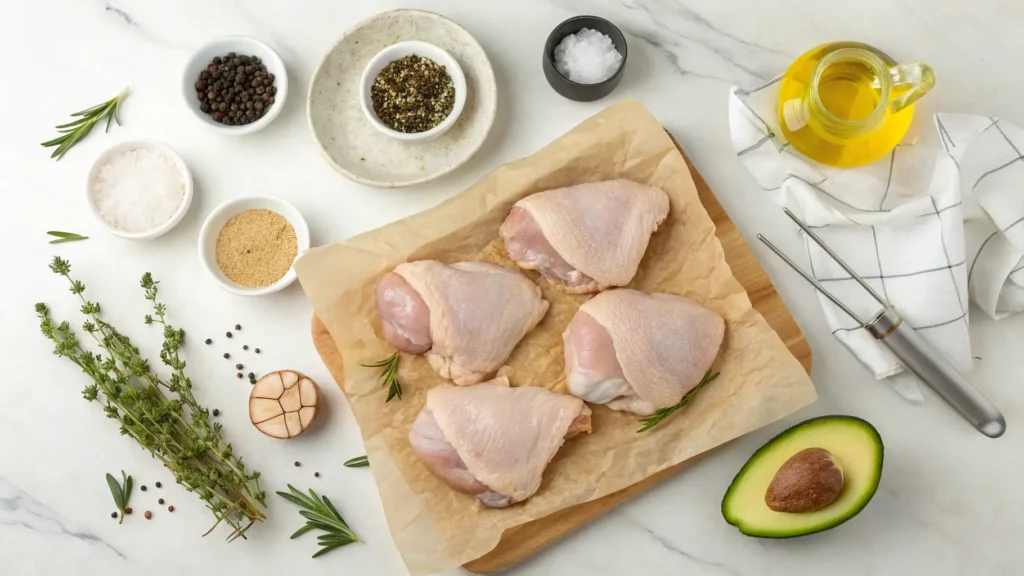 Overhead flat lay of all ingredients for making crispy chicken thighs including raw chicken, spices in bowls, baking powder, oils, and fresh herbs arranged on marble countertop