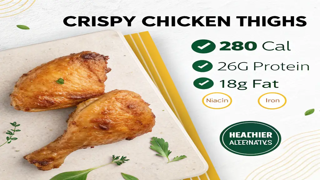 Nutritional information infographic for crispy chicken thighs showing 280 calories, 26g protein, 18g fat, and vitamin content with colorful data visualization and icons