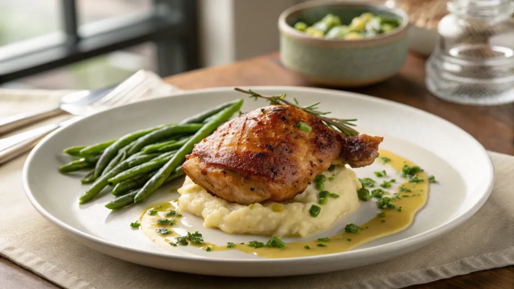 Restaurant-style plated crispy chicken thigh with golden crackling skin, served with creamy mashed potatoes, roasted green beans, and herb butter on white ceramic plate