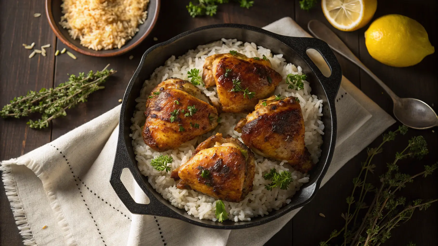 Golden crispy chicken thighs with crackling skin on fluffy white rice in a cast iron skillet, garnished with fresh herbs and lemon wedges