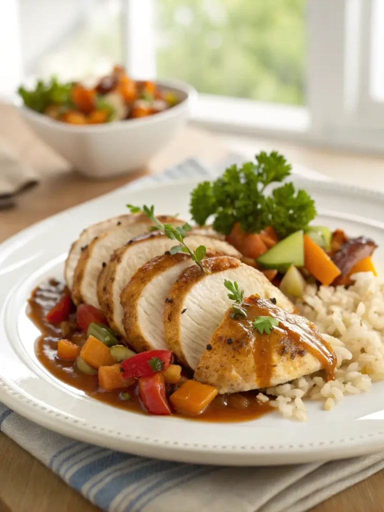 Sliced crockpot chicken breast served on plate with rice and vegetables