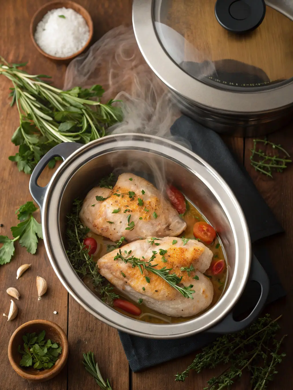 Tender crockpot chicken breast recipes in slow cooker with fresh herbs and steam