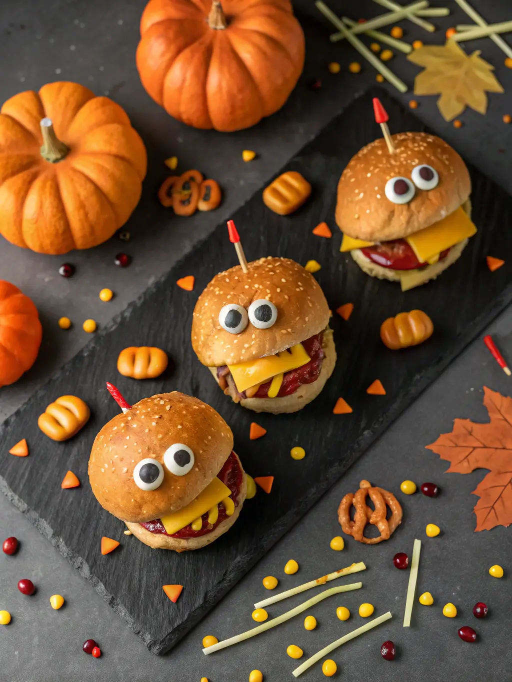 Halloween Monster Chicken Sliders with candy eyes and pretzel antennae arranged on black slate board with autumn decorations