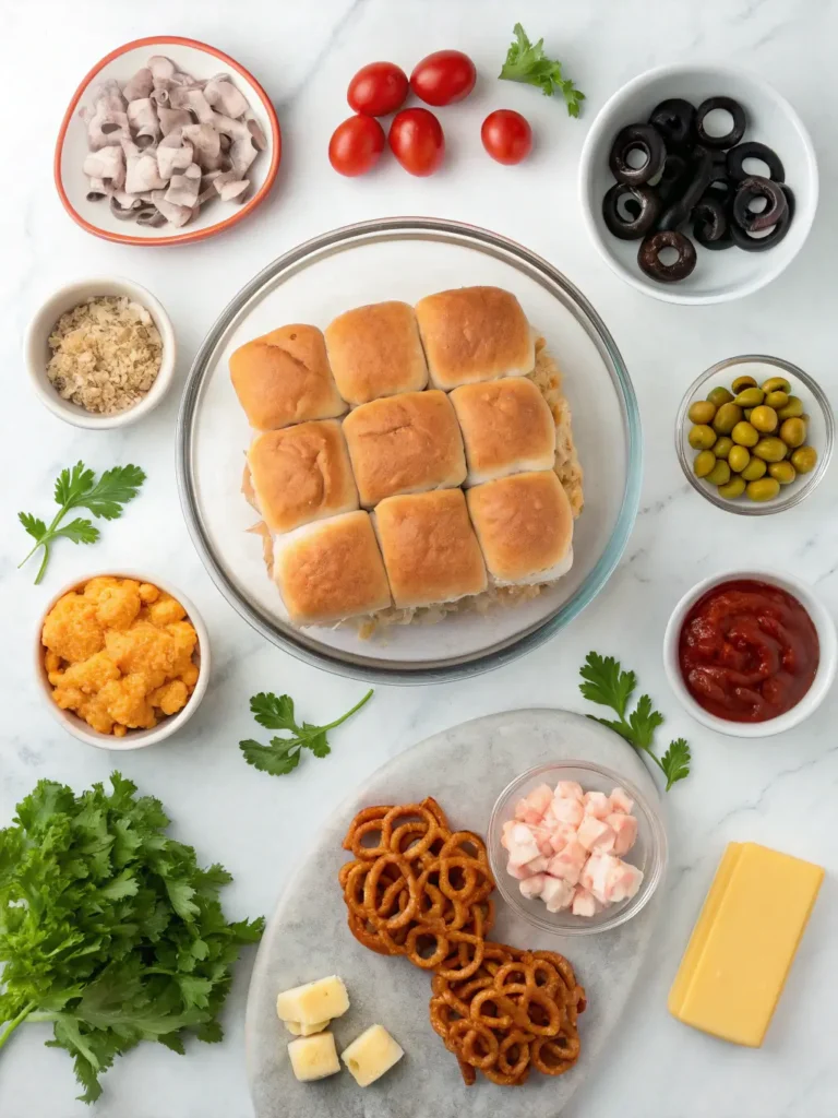 Complete ingredient layout for Halloween Monster Chicken Sliders with ground chicken, slider buns, candy eyes, cheese, and toppings