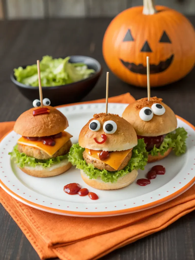 Halloween Monster Chicken Sliders served at kids party with children enjoying spooky themed appetizers and decorations
