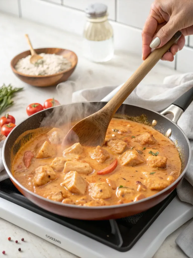 Stirring creamy orange Homemade Butter Chicken sauce with wooden spoon in pan on stovetop