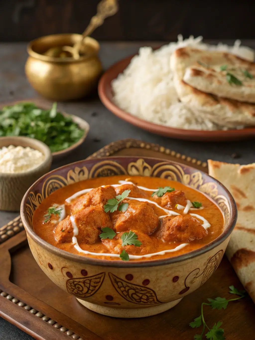 Homemade Butter Chicken in traditional karahi with creamy tomato sauce, garnished with cilantro and butter swirl