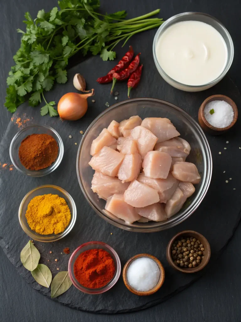 All ingredients for Homemade Butter Chicken including chicken, yogurt, cream, tomatoes, and Indian spices arranged on dark surface
