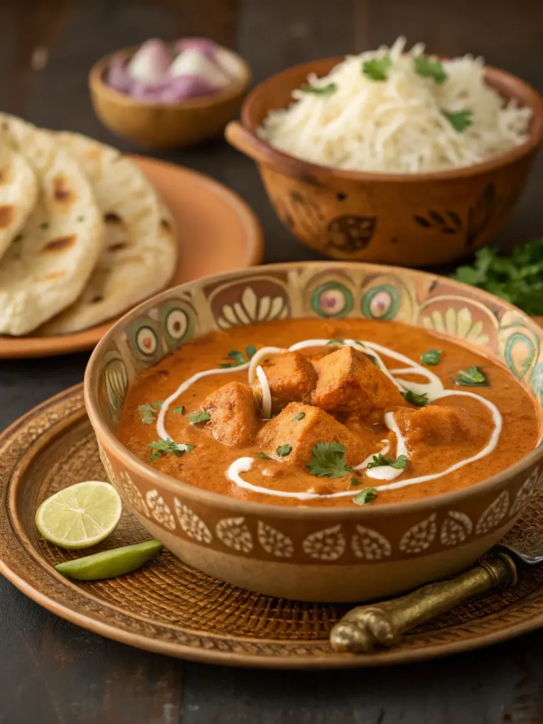 Plated Homemade Butter Chicken in ceramic bowl served with garlic naan bread and basmati rice on thali plate