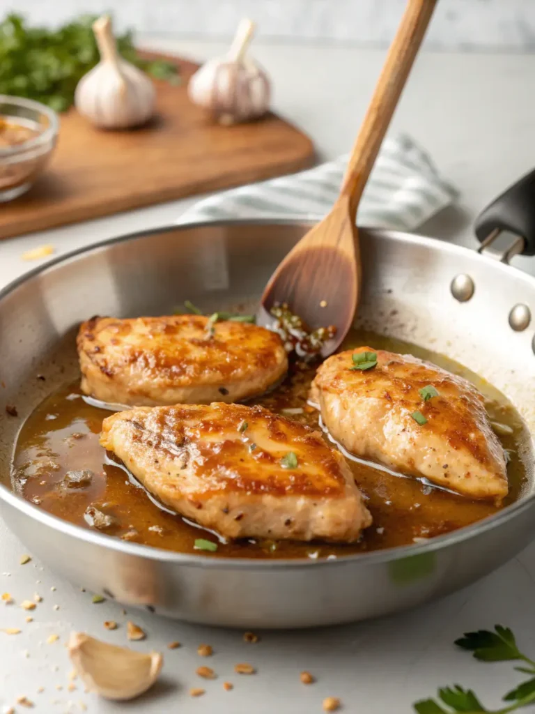 Seared chicken breasts being coated with honey garlic sauce in skillet during cooking process
