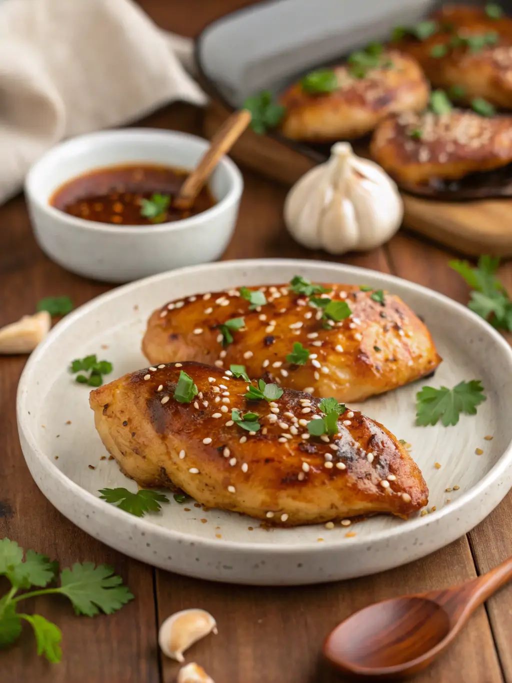 Glossy honey garlic chicken breasts with golden caramelized glaze, garnished with parsley and sesame seeds on white plate