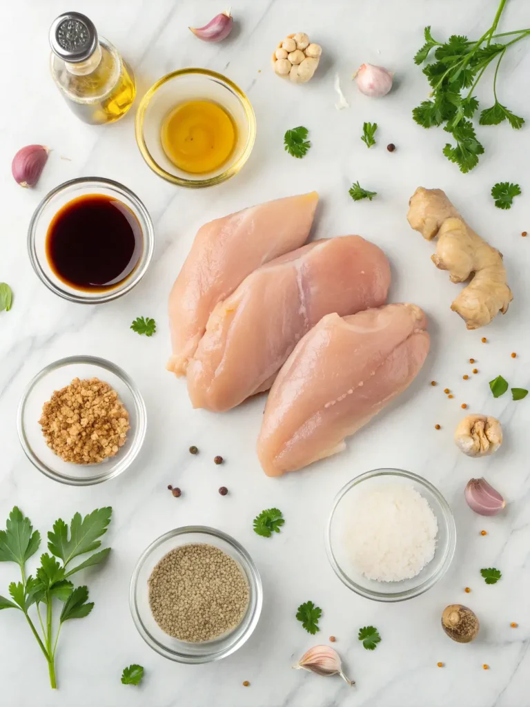 Raw chicken breasts surrounded by honey garlic sauce ingredients including honey, soy sauce, garlic, and spices on marble counter