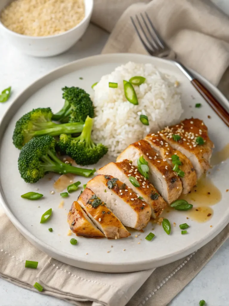 Sliced honey garlic chicken breasts served with jasmine rice and steamed broccoli on white dinner plate