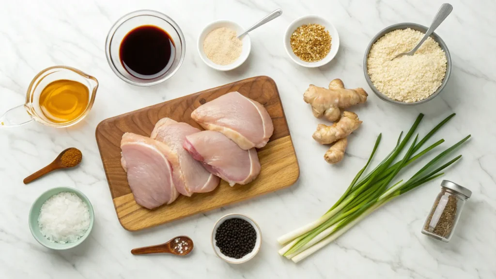 Ingredients for honey garlic chicken thighs including raw chicken, honey, garlic, soy sauce, and sesame oil arranged on marble countertop