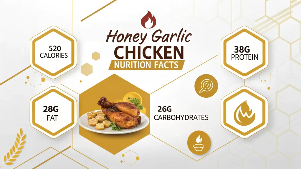 Nutrition facts infographic for honey garlic chicken thighs showing 520 calories, 38g protein, 28g fat, and 26g carbs per serving
